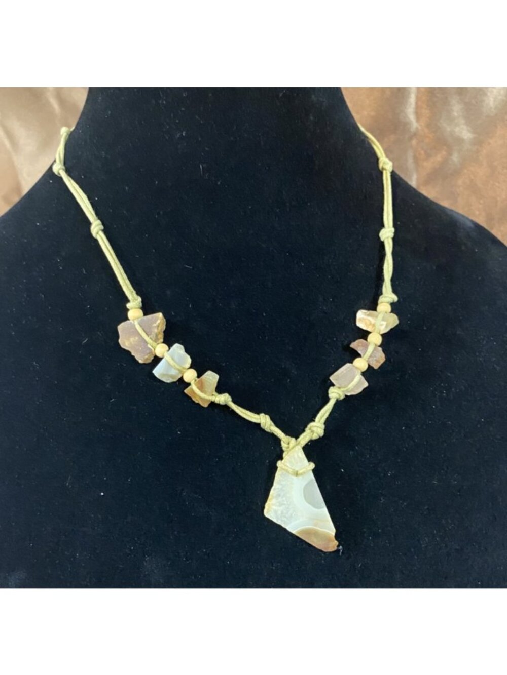 Lariat Stone & Rope Knot Necklace Biege Brown Natural Earthy
